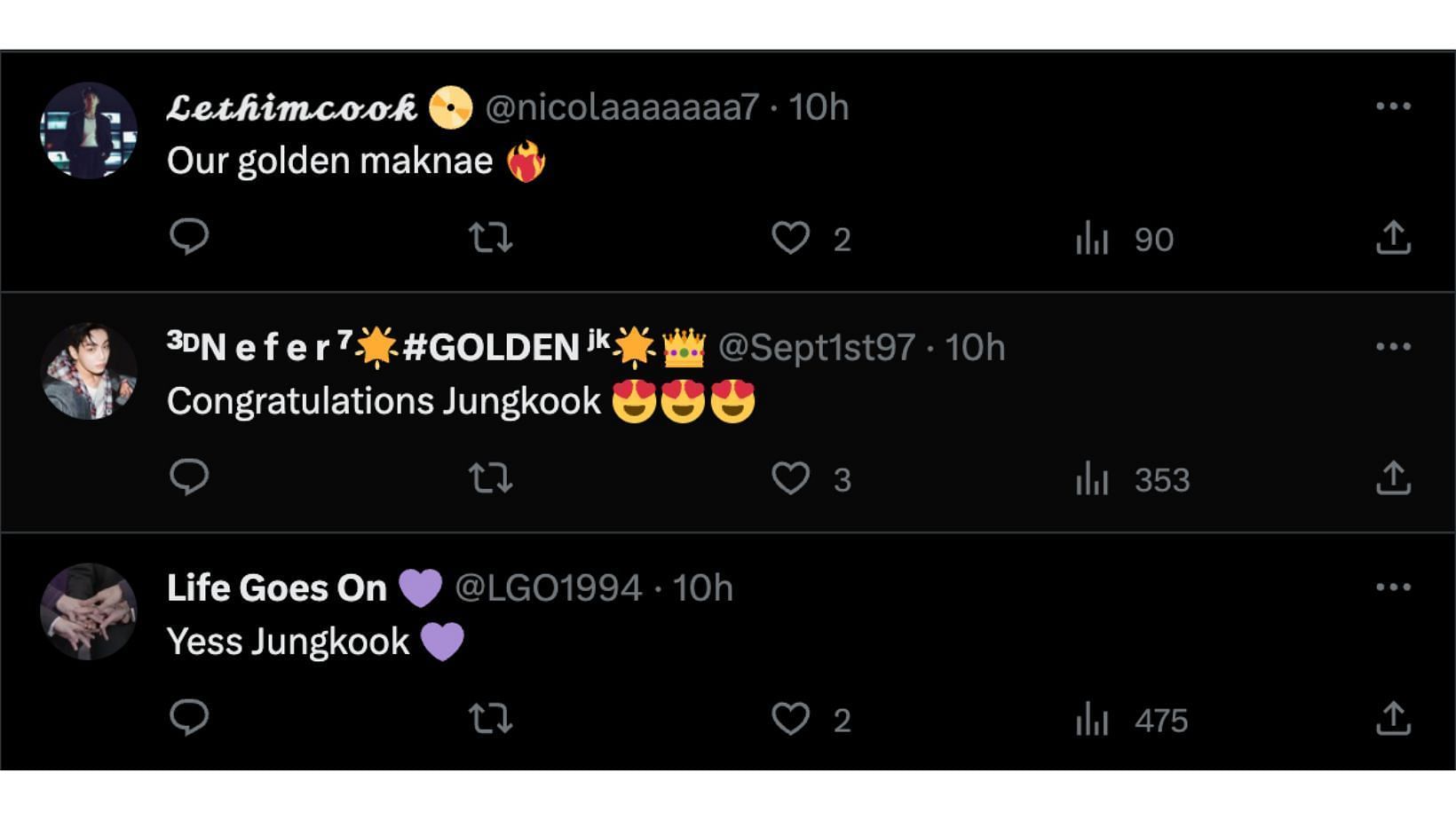 Fans praise the BTS idol for his new feat. (Image via Twitter/@nicolaaaaaaa7, @Sept1st97 and @LGO1994)